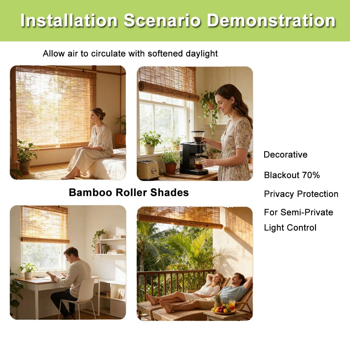 Tende a rullo in bambù con filtro della luce, senza fili, per privacy, ideale per veranda, balcone e cortile, 120 x 100 cm (larghezza x altezza)