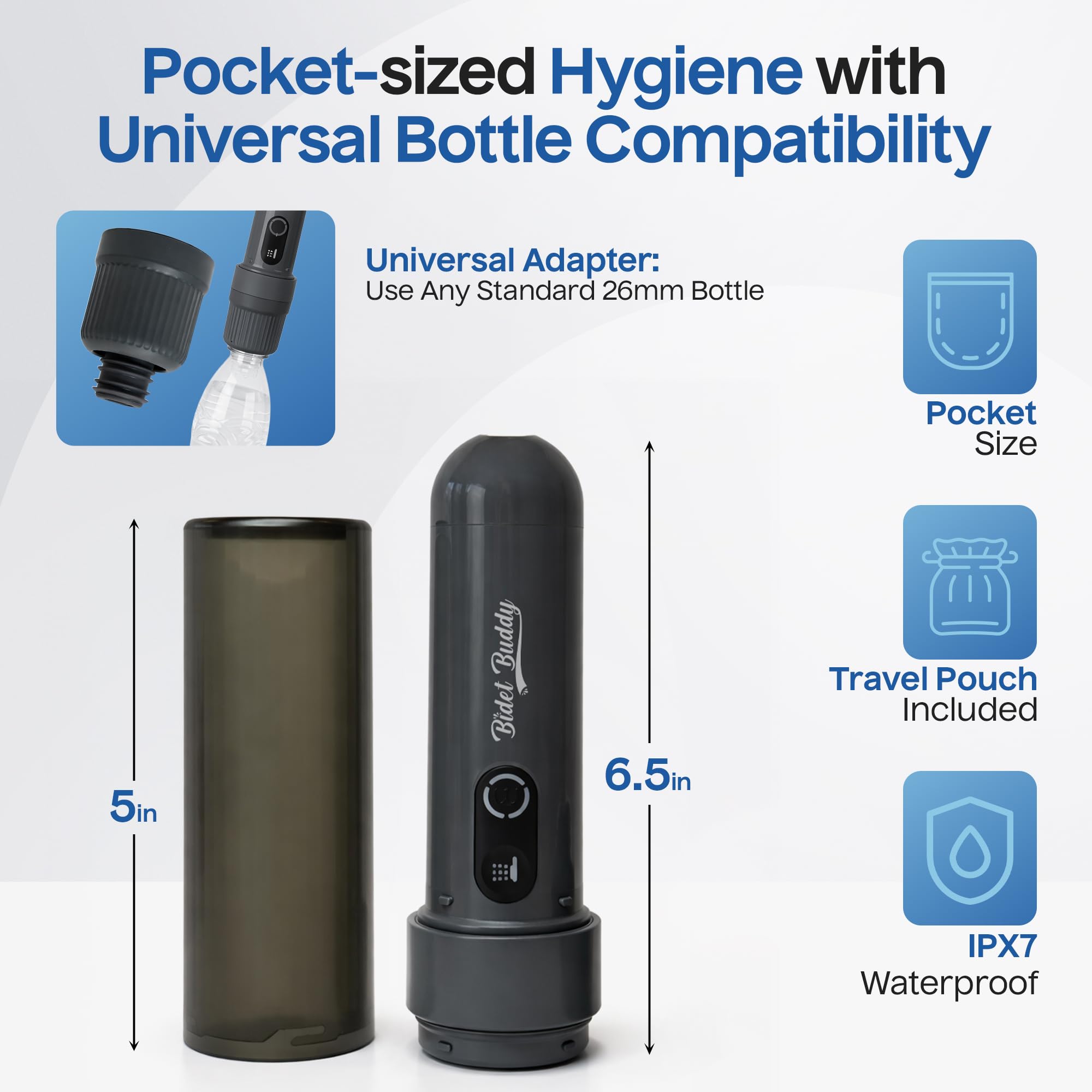 BIDET BUDDY® GoFlow Bidet portatile da viaggio | Flusso 280 ml/min | Batteria 800 mAh | Bottiglia da 180 ml | Impermeabile IPX7 | Ricarica USB-C | Tascabile e flessibile con pressione media (grigio)
