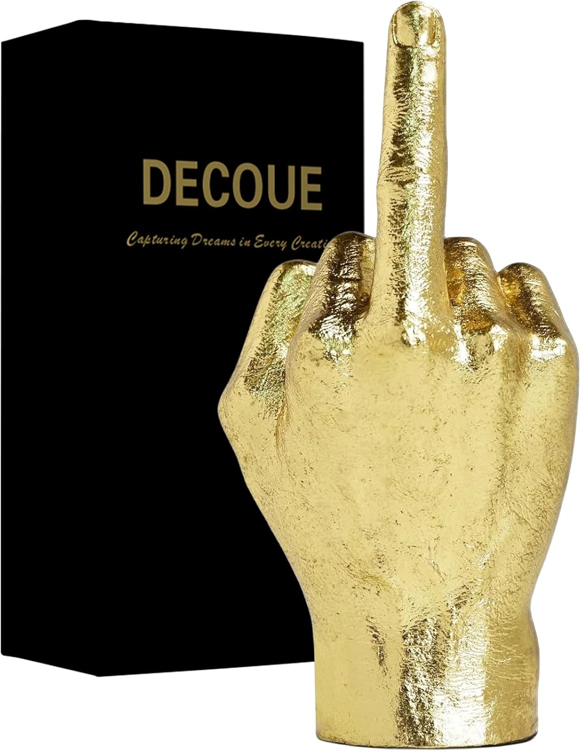 DECOUE Gold Decor - Resin Gesture Hand Sculpture Finger Statue - Classic Home Shelf & Desk Decor - Middle Finger