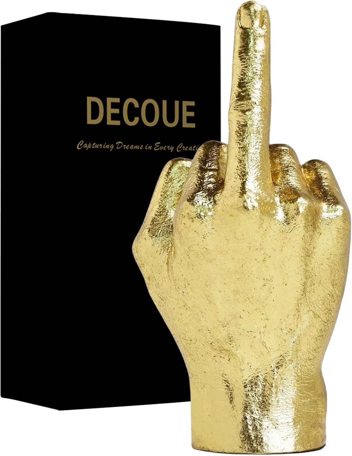 Gold Decor - Resin Gesture Hand Sculpture Finger Statue - Classic Home Shelf & Desk Decor - Middle Finger