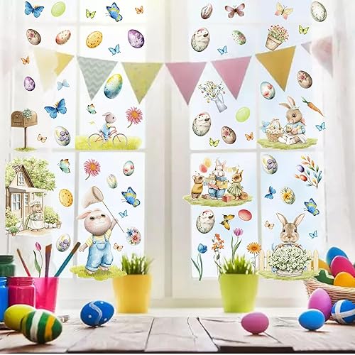 Miniatura 2 de ZASKHLD Calcomanías de Pascua para ventana, diseño de conejo, huevos de pollito, decoración de zanahoria linda, impresión de doble cara, calcomanías