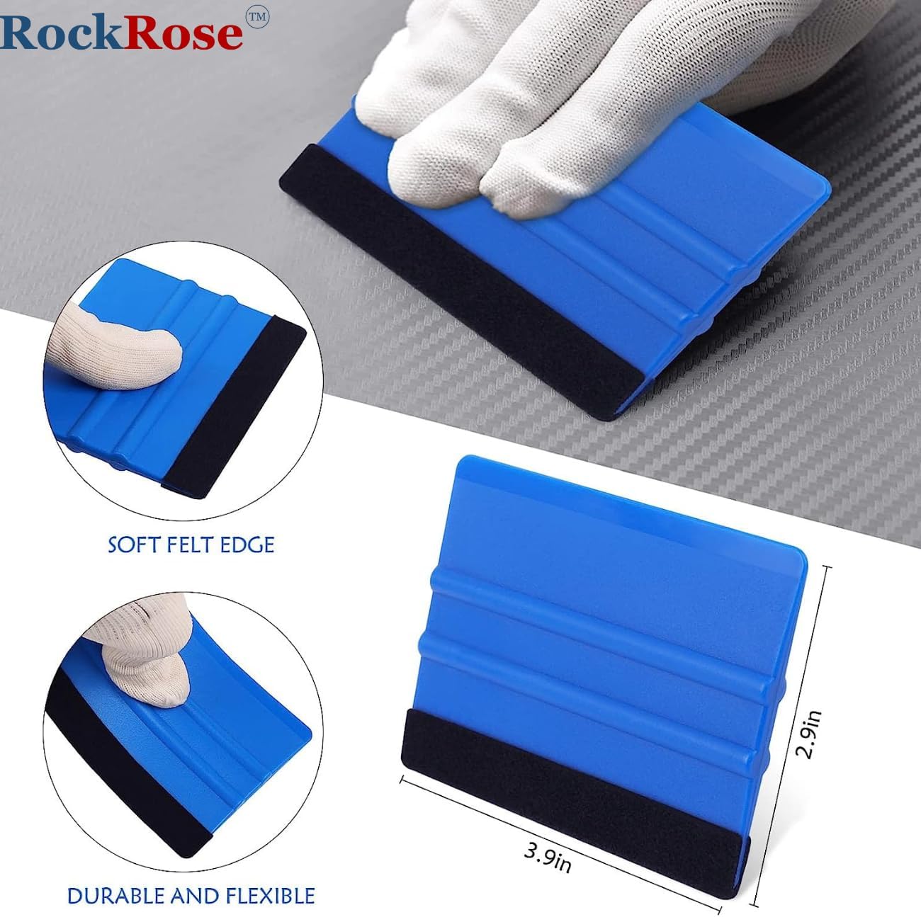 RockRose Black Bondo Squeegee w Felt - 4 Inch: Precision Window Tinting Tool for Auto Glass, Vinyl Wraps, and Paint Applications - 3 Units Pack (Blue w Felt)