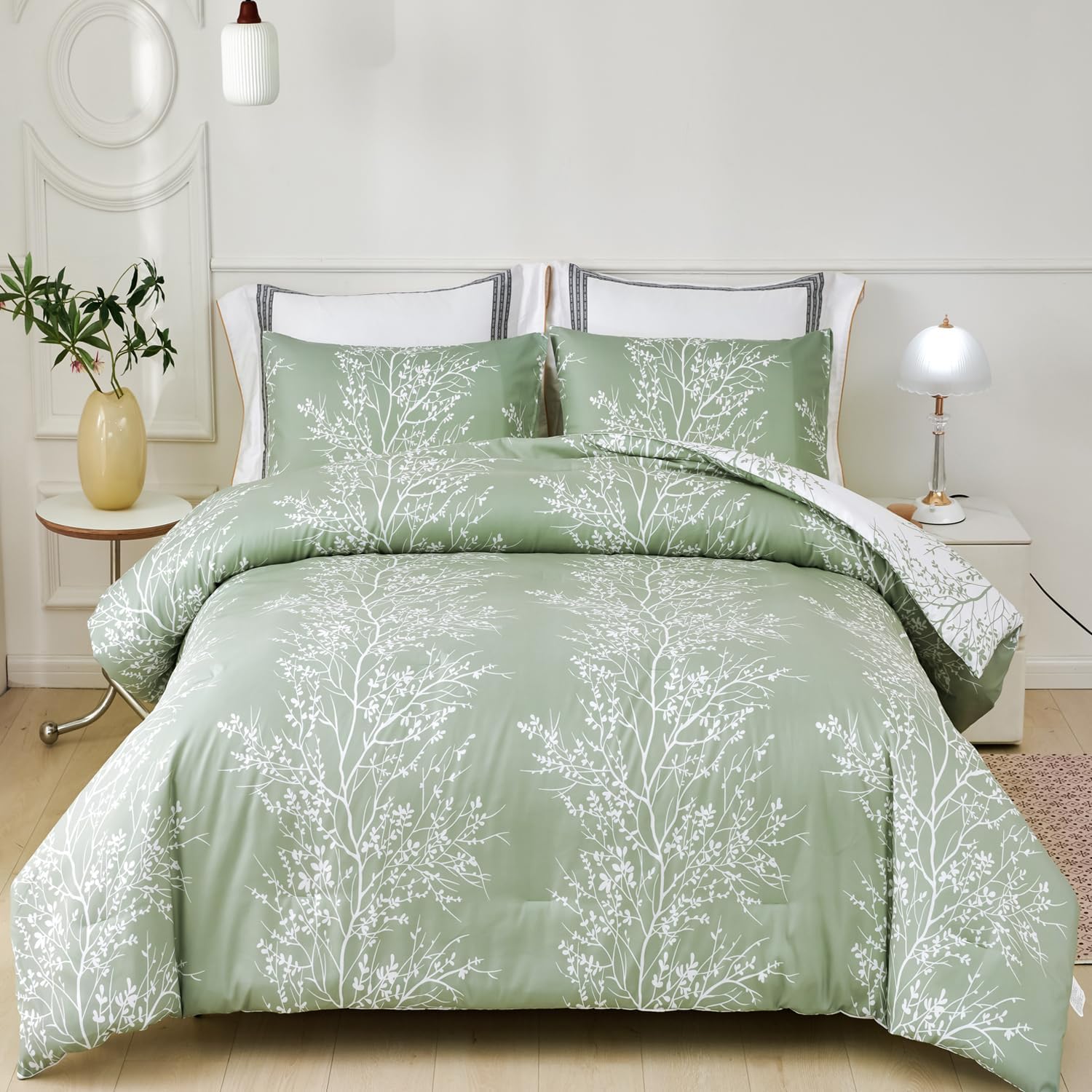 ANGIYUIN 3 Pcs Botanical Full Size Comforter Sets, Sage