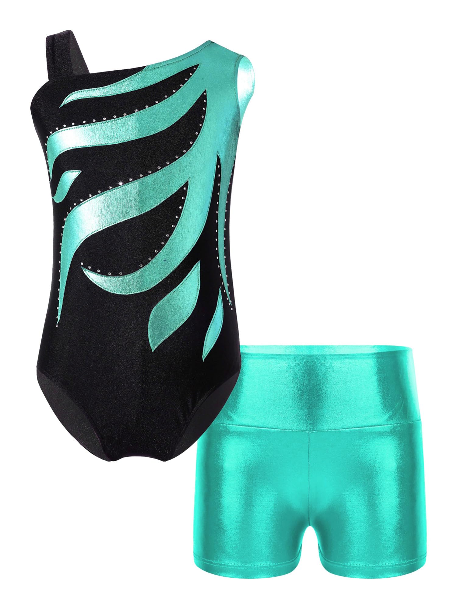IEFIEL Maillot Brillante de Danza para Niña sin Manga Leotardo Ballet con Leggings Cortos Traje de Gimnasia Rítmica Patinaje Mono de Deportivo Yoga 5-14 Años
