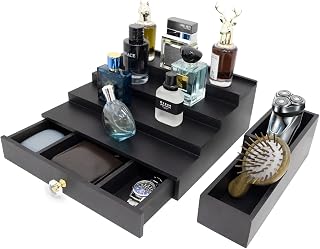 4 Tier Cologne Organizer Stand for Men Perfume Shelf Fragrance Displat Risers with Drawer and Hidden Compartment Cologne Holder Wood 2 in 1 Dresser