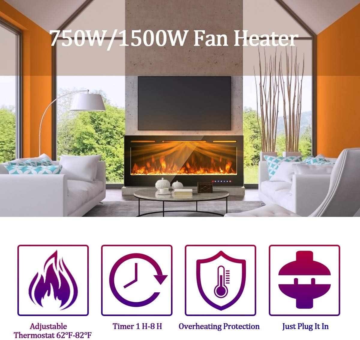 COSTWAY 50-Inch Electric Fireplace, 750W/1500W Wall Recessed and Mounted Fireplace Insert with Remote Control, 9 Flame Colors, 5 Brightness Settings, 8 H Timer, Fireplace Heater for Indoor Use