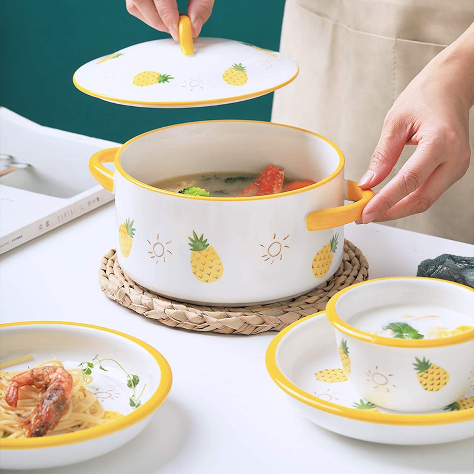Juego de vajilla de Cocina, vajilla de cerámica, Juego de vajilla de Porcelana Serie Pineapple de 25 Piezas, Olla con Tapa, tazón para Cereales y Plato para Car(
