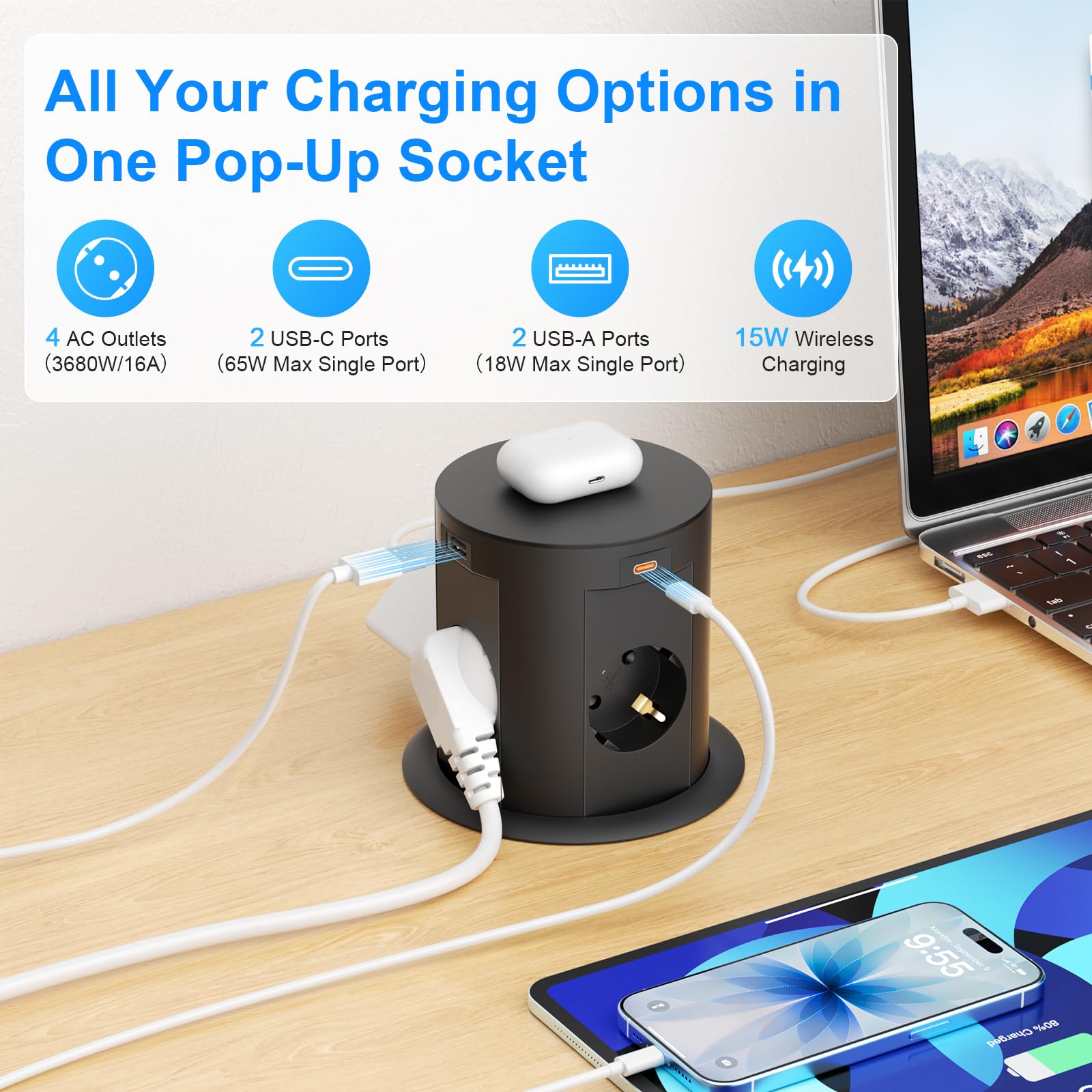 Versenkbare Steckdose mit 2X USB-C bis 65 W, 4-Fach, 15 W Qi-Laden