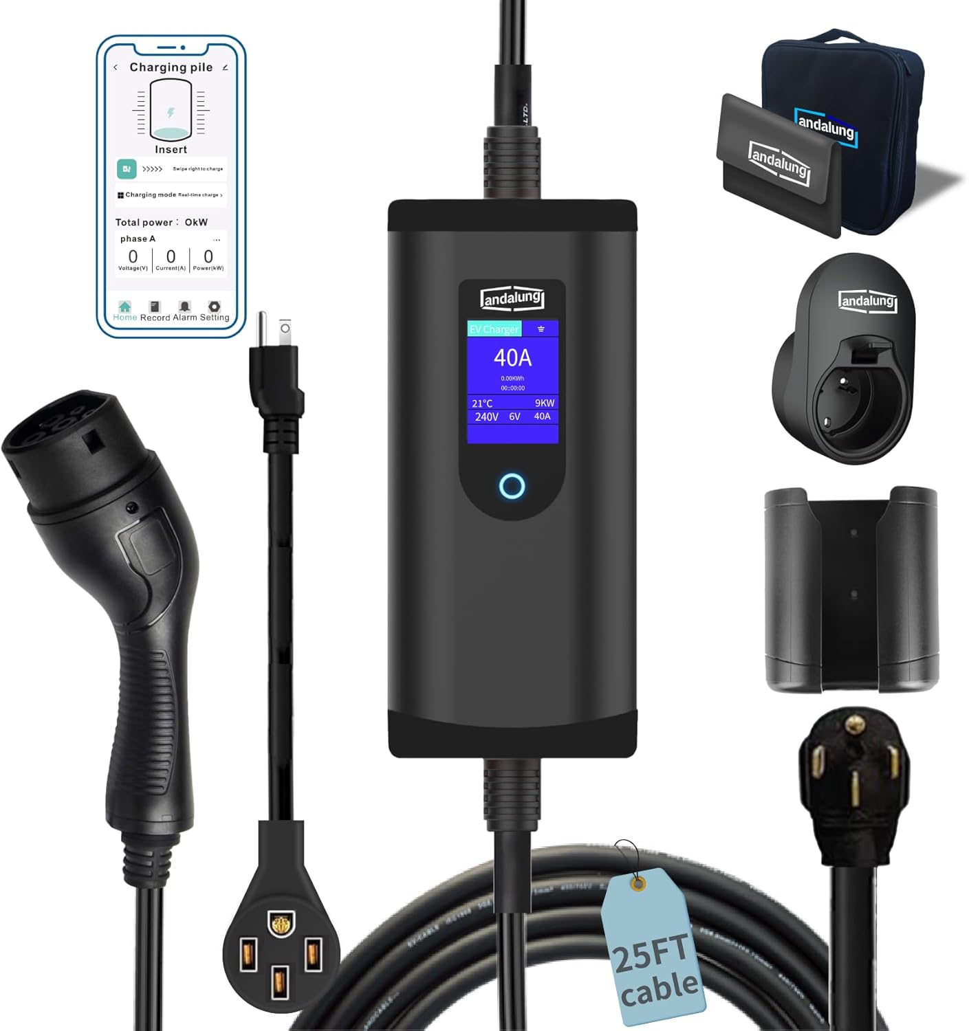 Level 2 EV Charger 32A with NEMA 14-50 Plug & 5-15P Adapter, 25ft Cable, Portable J1772 EVSE, Adjustable 6–32A, APP Control, Electric Vehicle Charging Station, Black