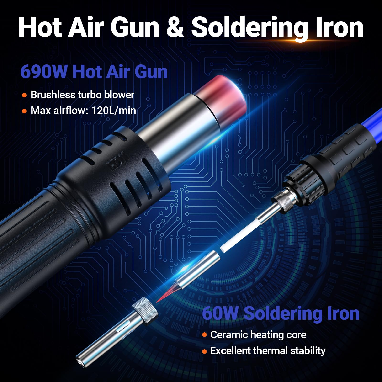 Preciva 992D Station de Soudage à Air Chaud, 690W Pistolet Air Chaud & 60W Fer a Souder, Contrôle de Température PID, Grand Écran LCD, Mode Veille Automatique, pour Réparation SMD, QFP, BGA