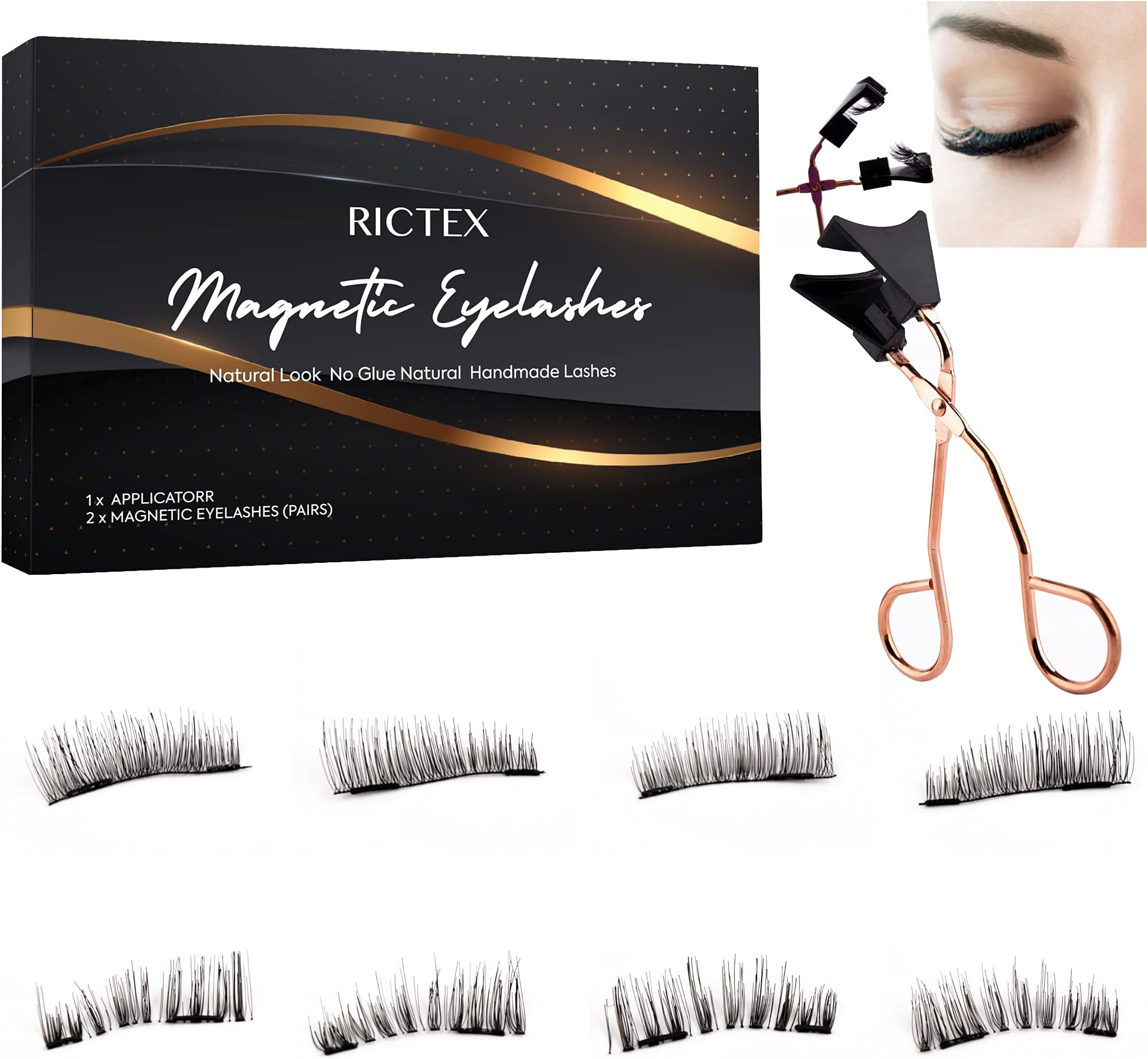 Dual Magnetic Eyelashes, Upgraded Magnetic Eyelashes No Eyeliner or Glue Needed, Reusable False Eyelashes Without Eyeliner Natural-Looking (4 Pairs/ 8 Pieces) (Black)