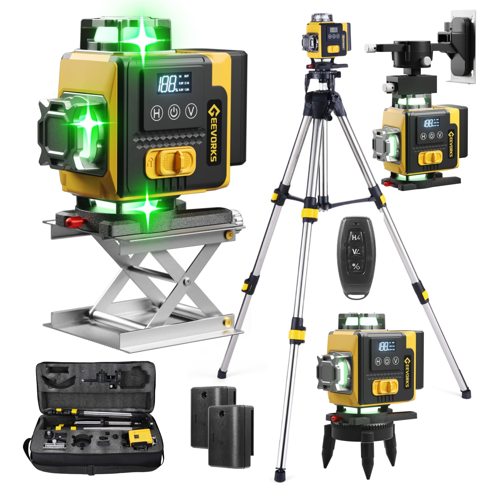 Geevorks Laser Level with Tripod Self Leveling,4D Laser Level 360 Green 16 Lines 3°, Multifunctional LCD Display,Waterproof IP54, with 2x2400mAh Batteries,Remote
