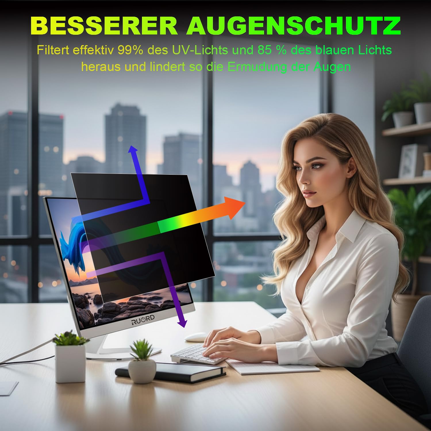 Magnetischer Sichtschutzfolie für 27 Zoll 16:9 Monitor | Blaulichtfilter & Blendschutz,Abnehmbar Blickschutzfolie,Beidseitig Verwendbarer Blickschutzfilter für flache und gekrümmte