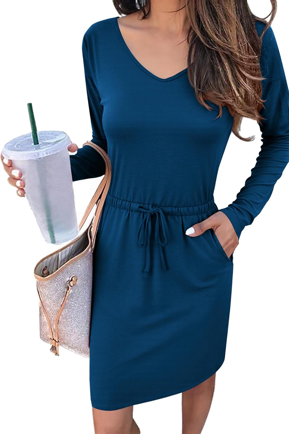 Women's Long Sleeve Dress V Neck Drastring Waist Casual Short Mini Dresses 2025 Trendy Fall Outfits - Image 2