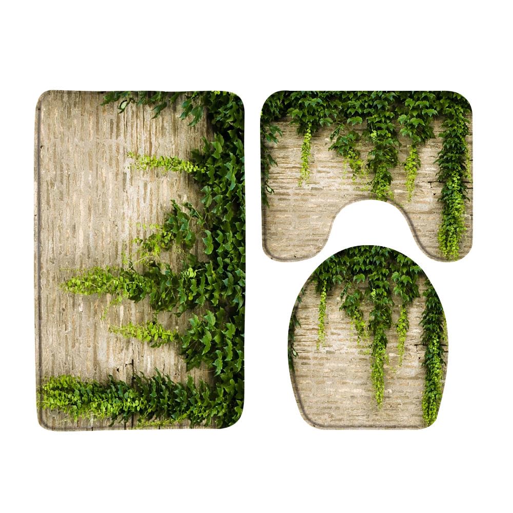 VPUPCN Brick Wall 3 Pcs Bath Rugs Set,Green Leaf Ivy Plant Rustic Rocks Stone Wall Natural Farmhouse Botanical Bathroom Kitchen Rug with 17.8