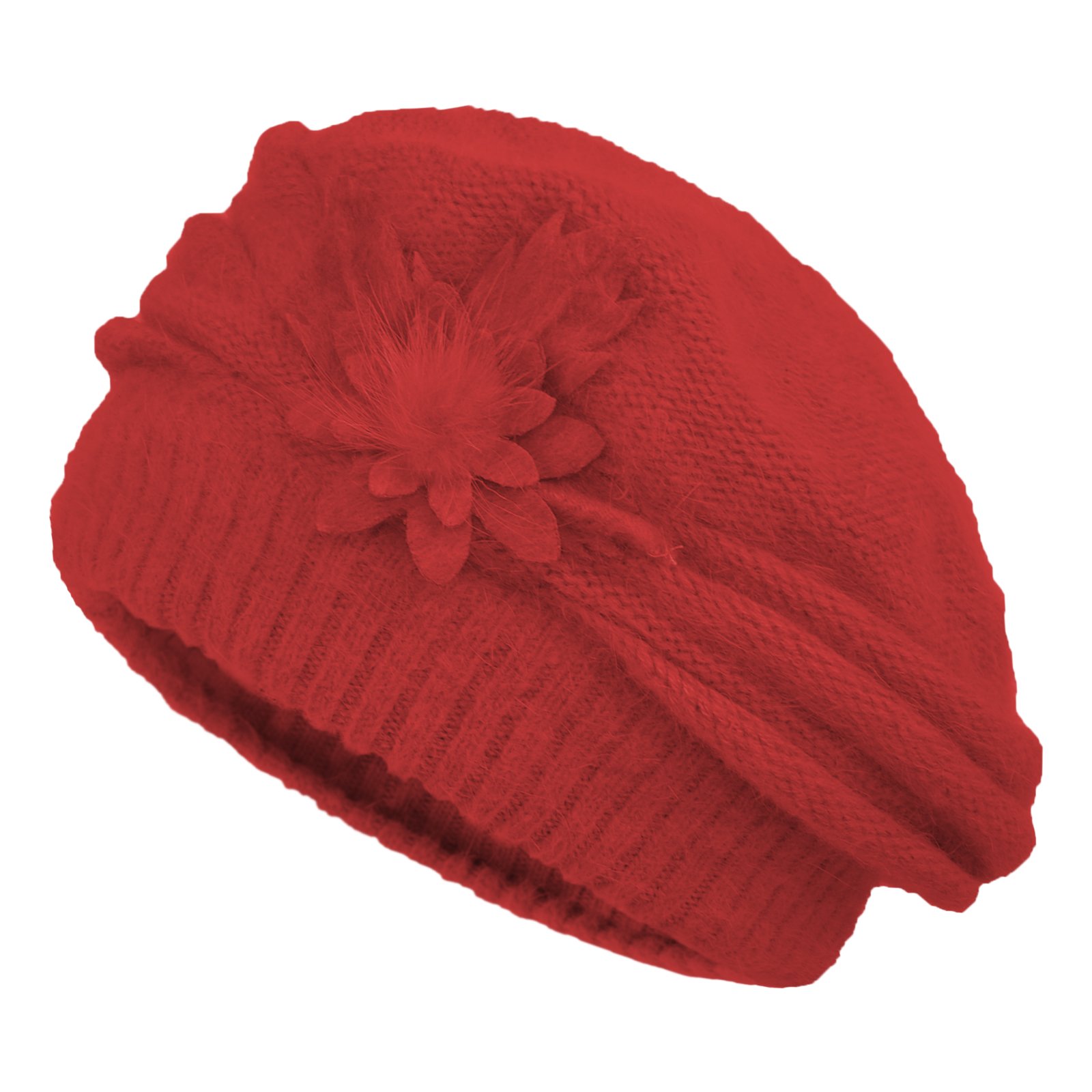 Women's Solid Knit Furry French Beret - Fall Winter Fleece Lined Paris Artist Cap Beanie Hat (Burgundy)