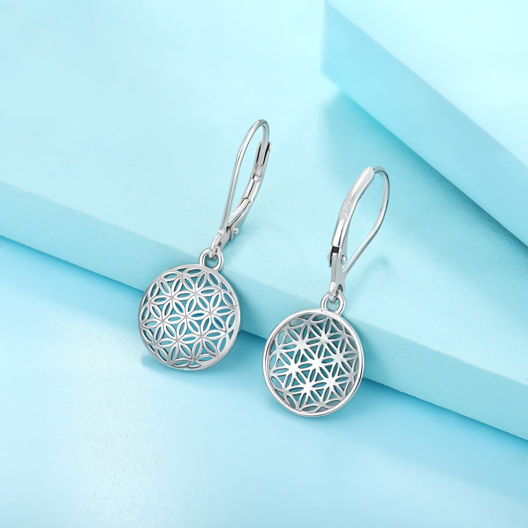 JO WISDOM Mujer Pendientes Flor de la vida Plata de ley 925 Joyería con baño de Oro Blanco