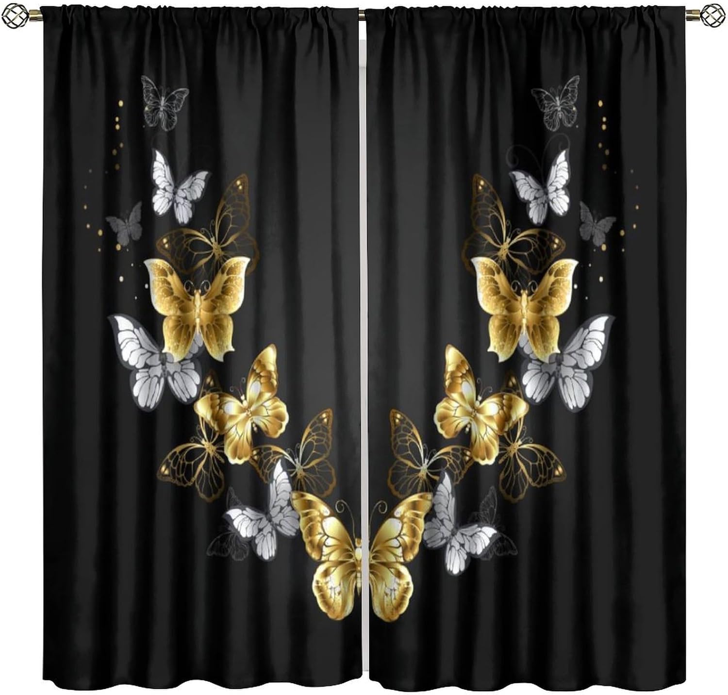 Butterfly Curtains Black Gold Fantasy Theme Black Background Rod Pocket Blackout Window Drapes for Bedroom Living Room Kitchen Cafe Decor （W21xL63 Inch） x2 Panels