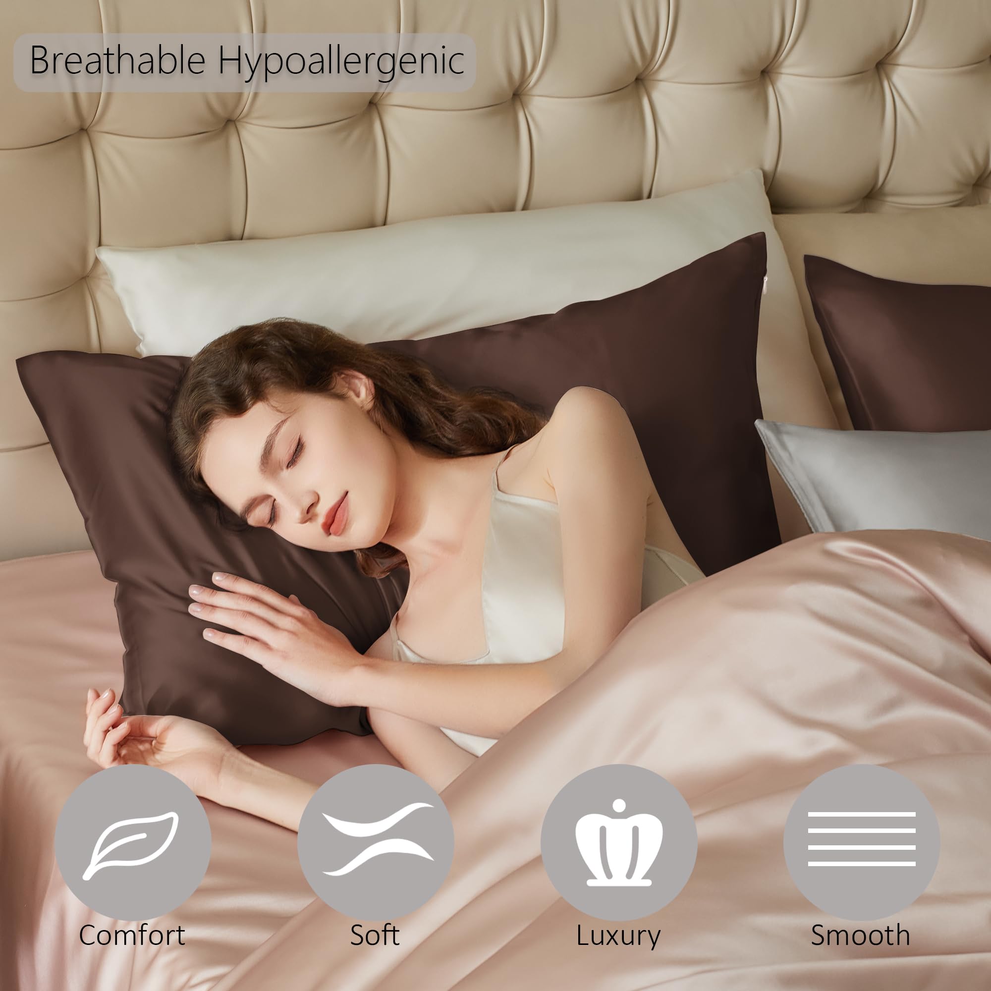 townssilk Federa di seta,100% naturale seta di gelso 19momme,doppia faccia,benefica per capelli e pelle,federa seta cuscino,ipoallergenica,cerniera nascosta,600 fili,1 pz,50x75cm,Marrone