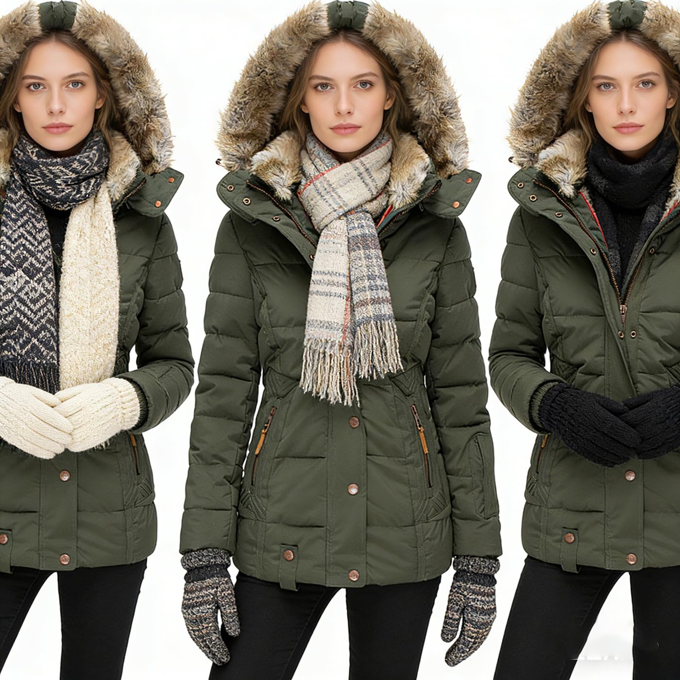 Manteau d'hiver pour femme - Veste matelassée chaude doublée avec capuche en fourrure synthétique, veste d'hiver cintrée avec fermeture éclair, long manteau à capuche pour femme, pour le