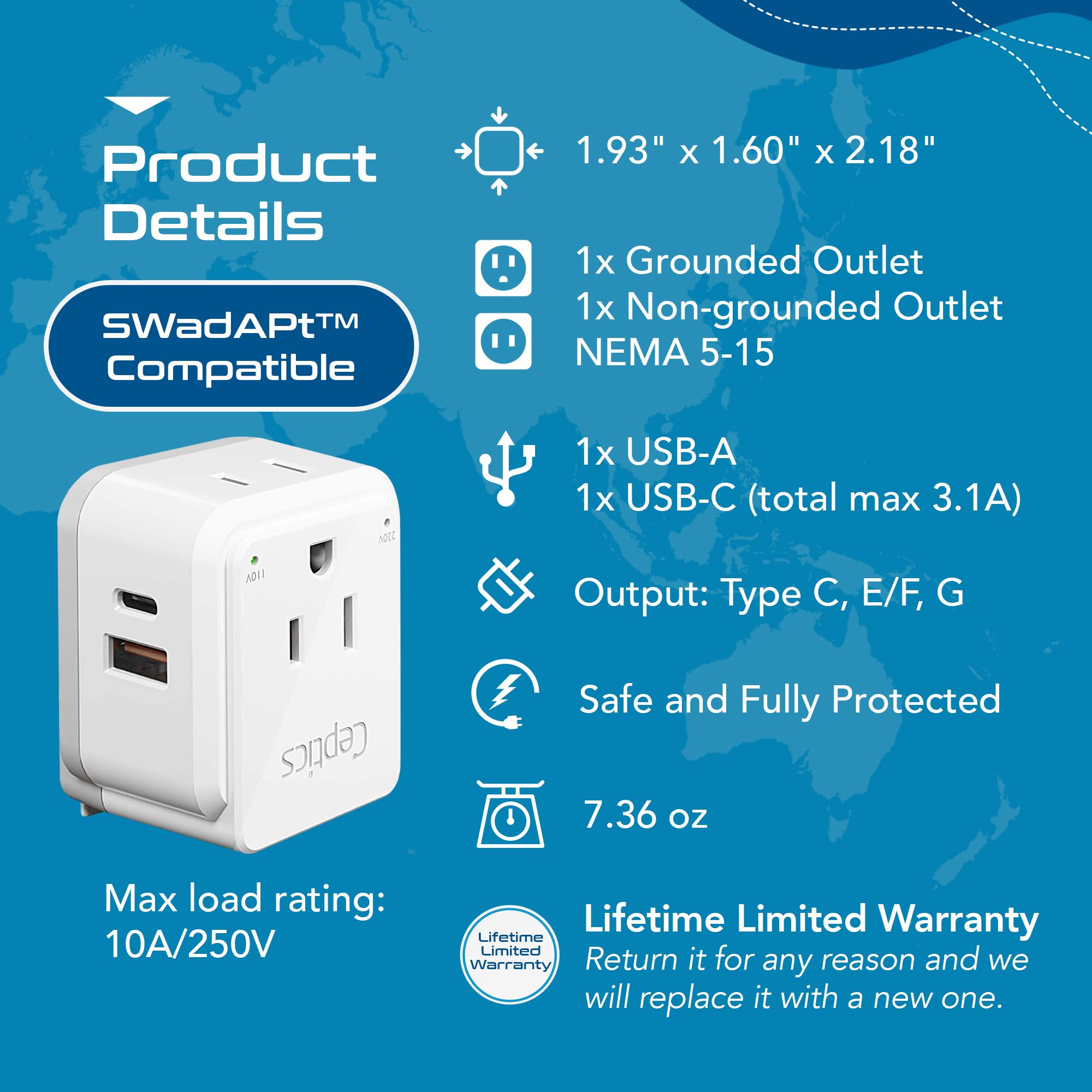 Ceptics Set di adattatori da viaggio europei, 20 W PD & QC, Safe Dual USB & USB-C – 2 USA Socket – Compact – Use in Germania, France, Italy, UK – Include tipo E/F, tipo C, tipo G SWadAPt Attachments