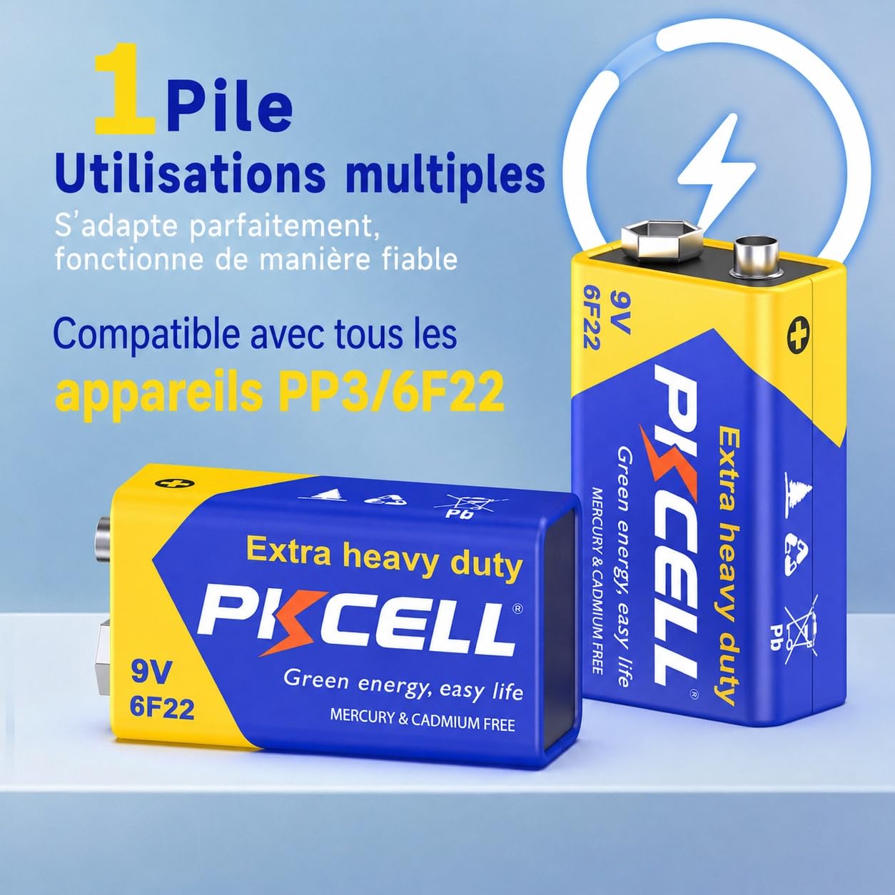 PKCELL Pile 9V 6F22 Carré Haute Performance 4 Pièces