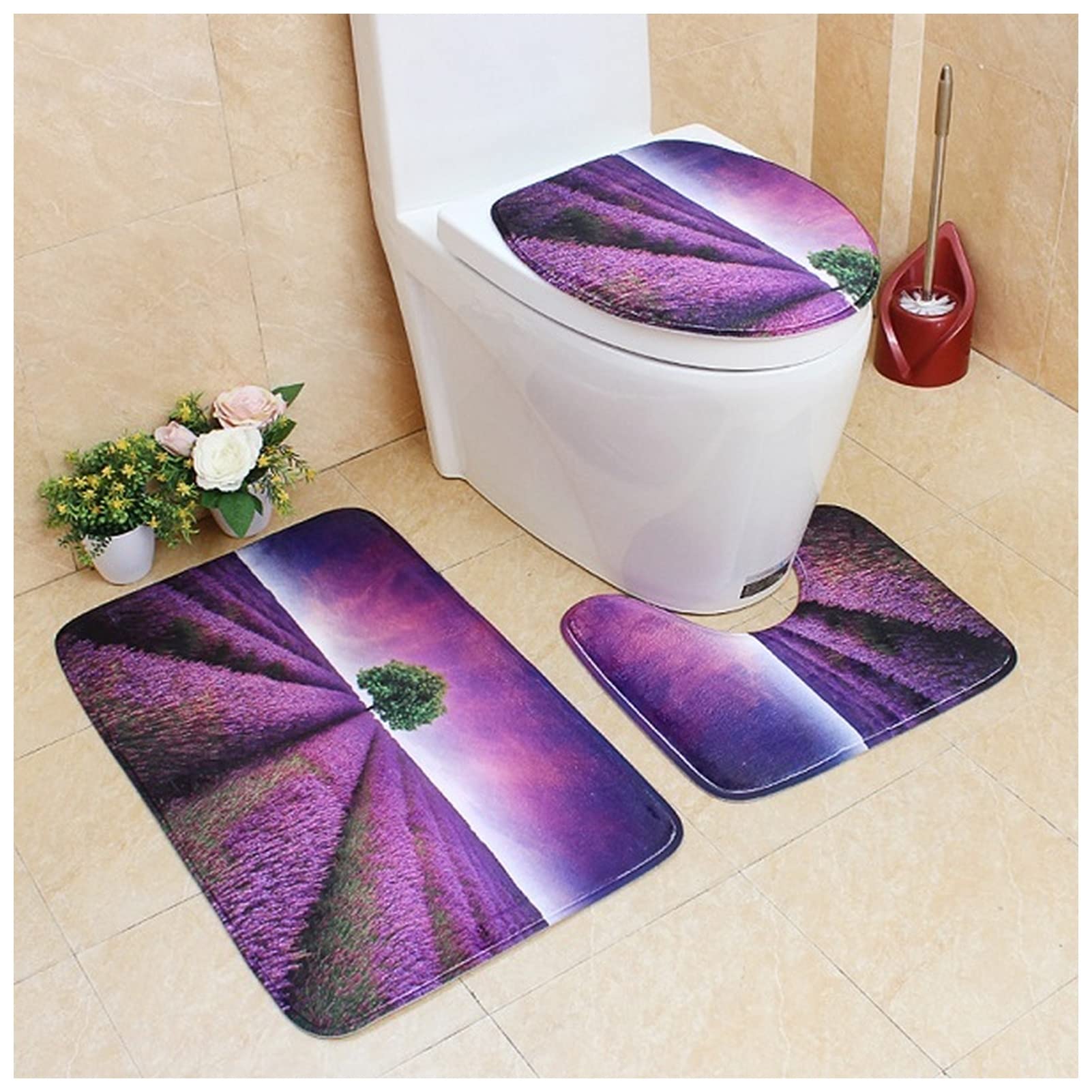 Alfombra de baño de 3 piezas de franela suave con base antideslizante