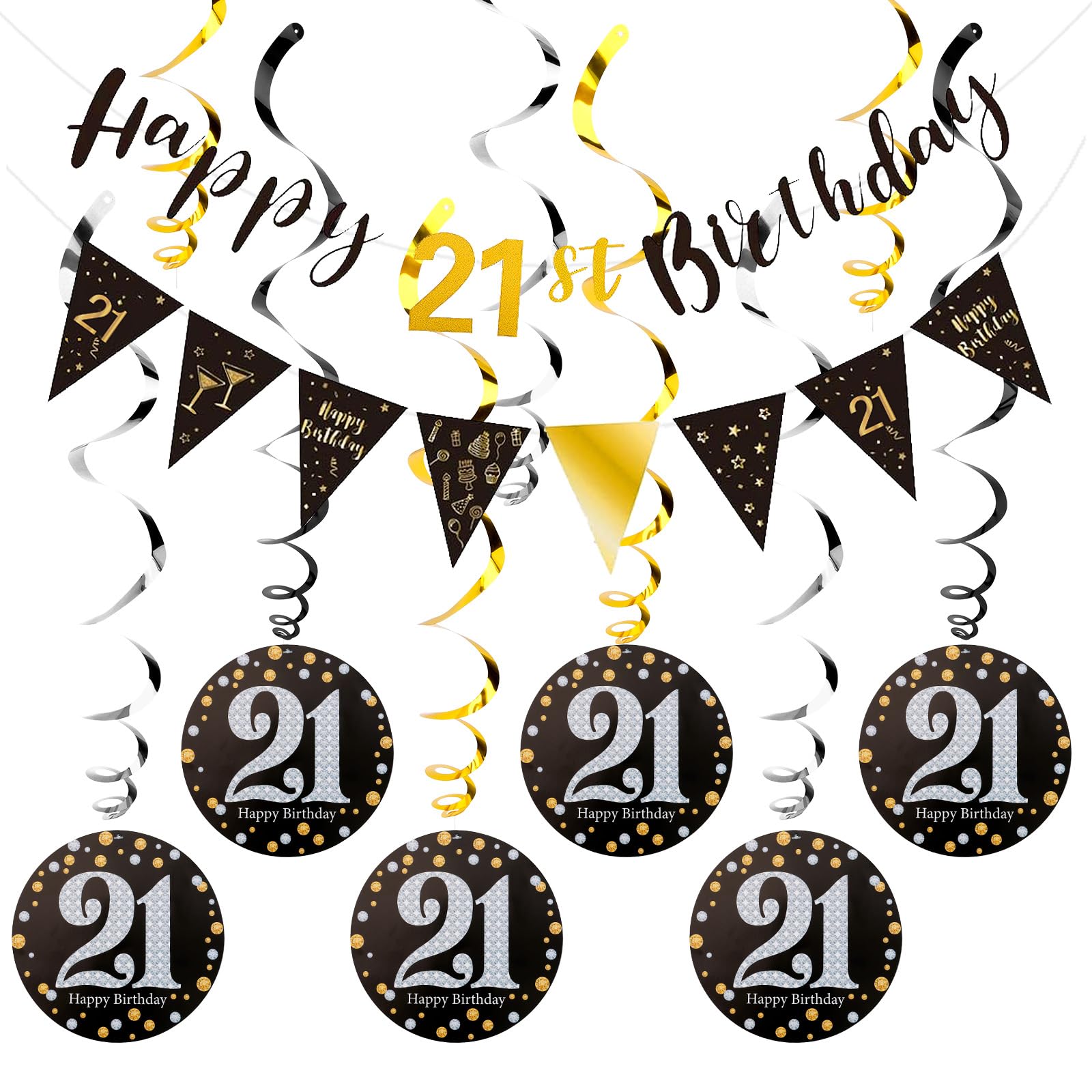 FASOTY 21st Birthday Decorations - Black Gold Pre-assembled Triangle Flag Banner and Glitter Hanging Swirls Party Set