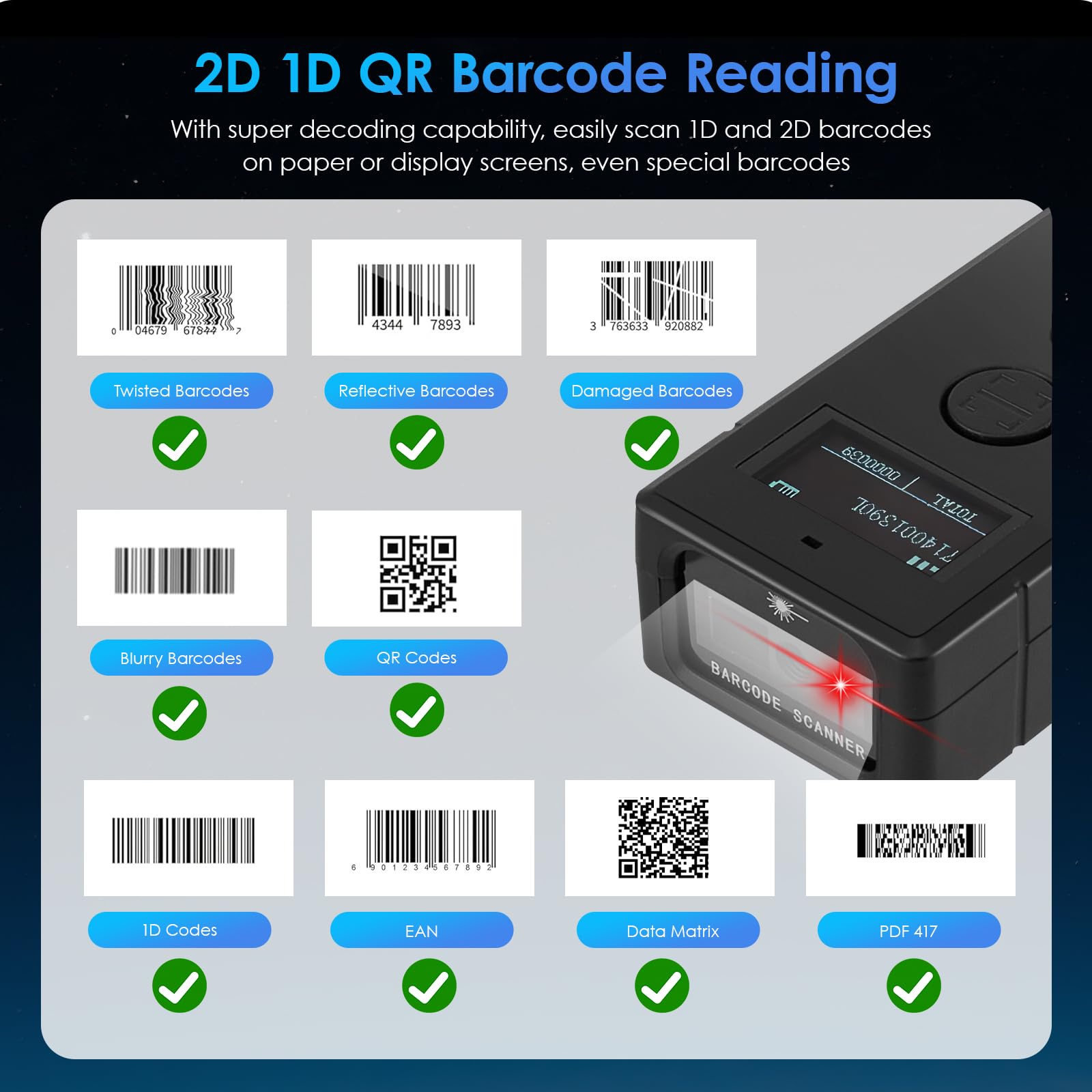 Wireless 2D&1D Mini Barcode Scanner, 3-in-1 Bluetooth & 2.4G & USB Wire Barcode Reader Compatible, 1100mAh Portable QR Bar Code Scanner, Compatible with iPhone, iPad, Android Phone - Image 4