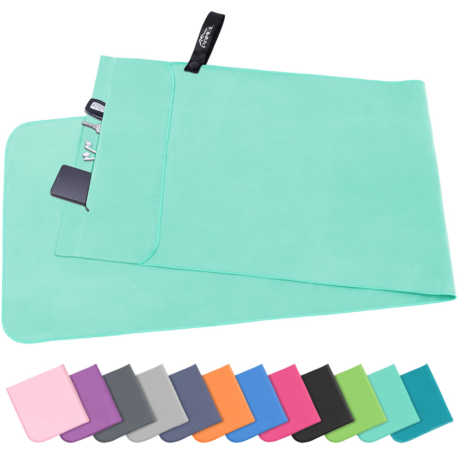 Pameil Asciugamano fitness con tasca con chiusura lampo, 120 x 50 cm, asciugamano in microfibra, compatto e ad asciugatura rapida, asciugamano sportivo da palestra (verde erba)