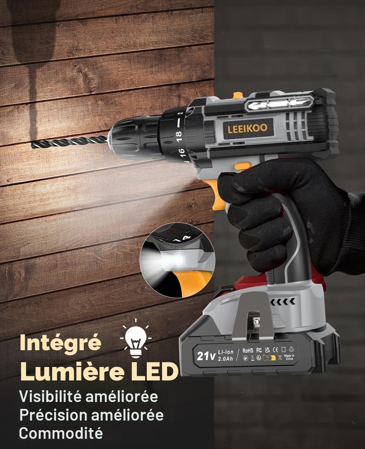 Perceuse Visseuse Sans Fil, LEEIKOO Visseuse Devisseuse Sans Fil 21V, Perceuse 42Nm avec 2 Batteries 2.0Ah, 18+1 Réglages de Couple, LED, 2 Vitesses, 14 Accessoires pour Projet de Bricolage, Gris