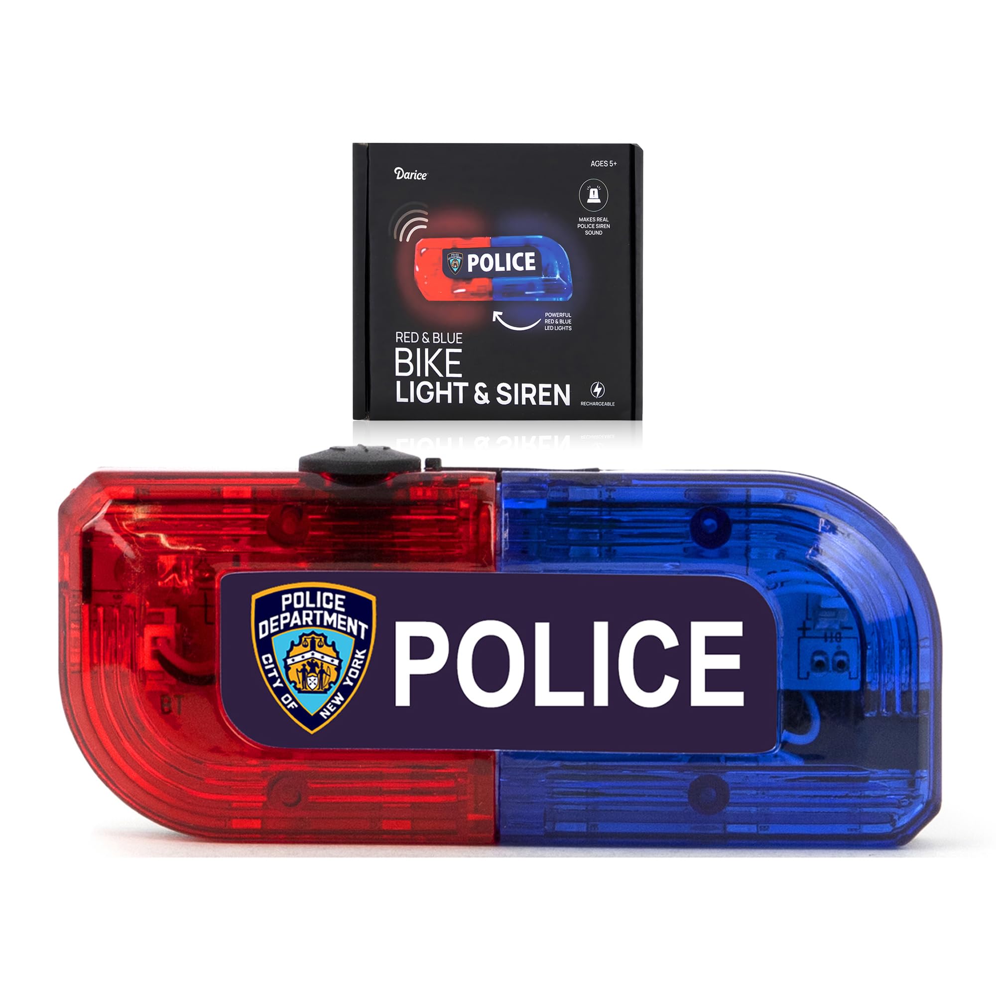 Darice Pretend Police Bike Light with Siren - Red and Blue Flashing Lights, Rechargeable LED Bicycle Safety Lights for Kids Bikes & Scooters - Bright Light and Siren for Bike Kids Ages 5+