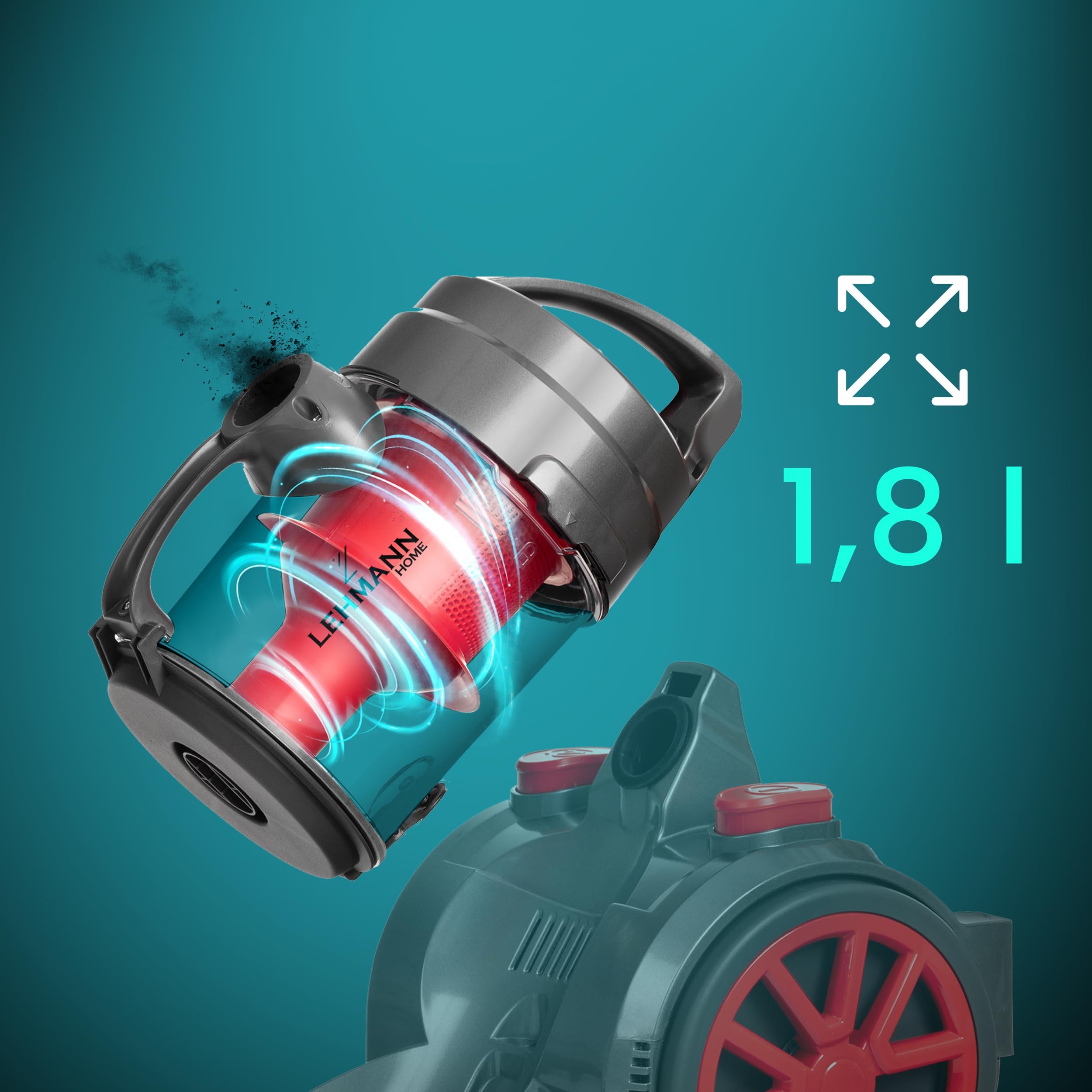 Lehmann Tinosa Aspirateur sans Sac Cyclonique, Aspirateur Puissant avec Une Grande Puissance d'aspiration, HEPA Filtre, Compact et Léger, Réservoir à Poussière 1,8 L