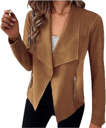 ASHER FASHION Womens Faux Suede Jackets 2023 Fall Tops Long Sleeve Open Front Cropped Coat Outwear