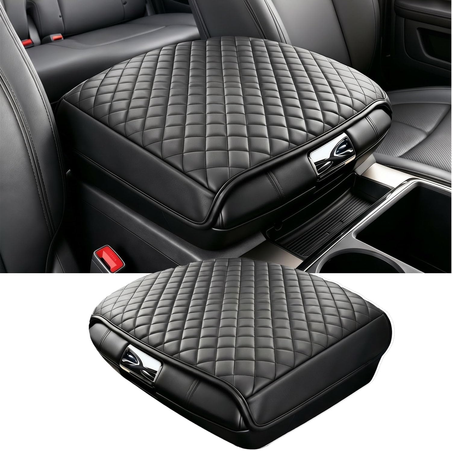 Center Console Armrest Cover for 2009-2018 Dodge Ram 1500 2500 3500, Bucket Seat Only, Anti-Scratch Vinyl Leather Middle Console Lid Protector, Black