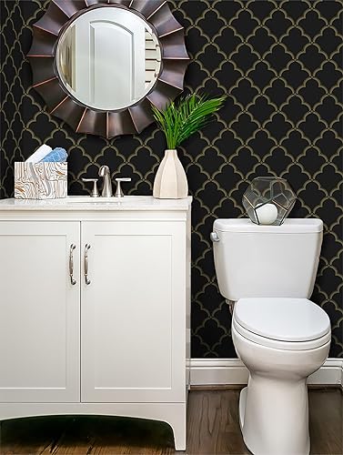 Miniatura 6 de Papel tapiz geométrico de 17.3 x 197 pulgadas, color negro y dorado, papel tapiz autoadhesivo extraíble para gabinete y baño, rollo de vinilo