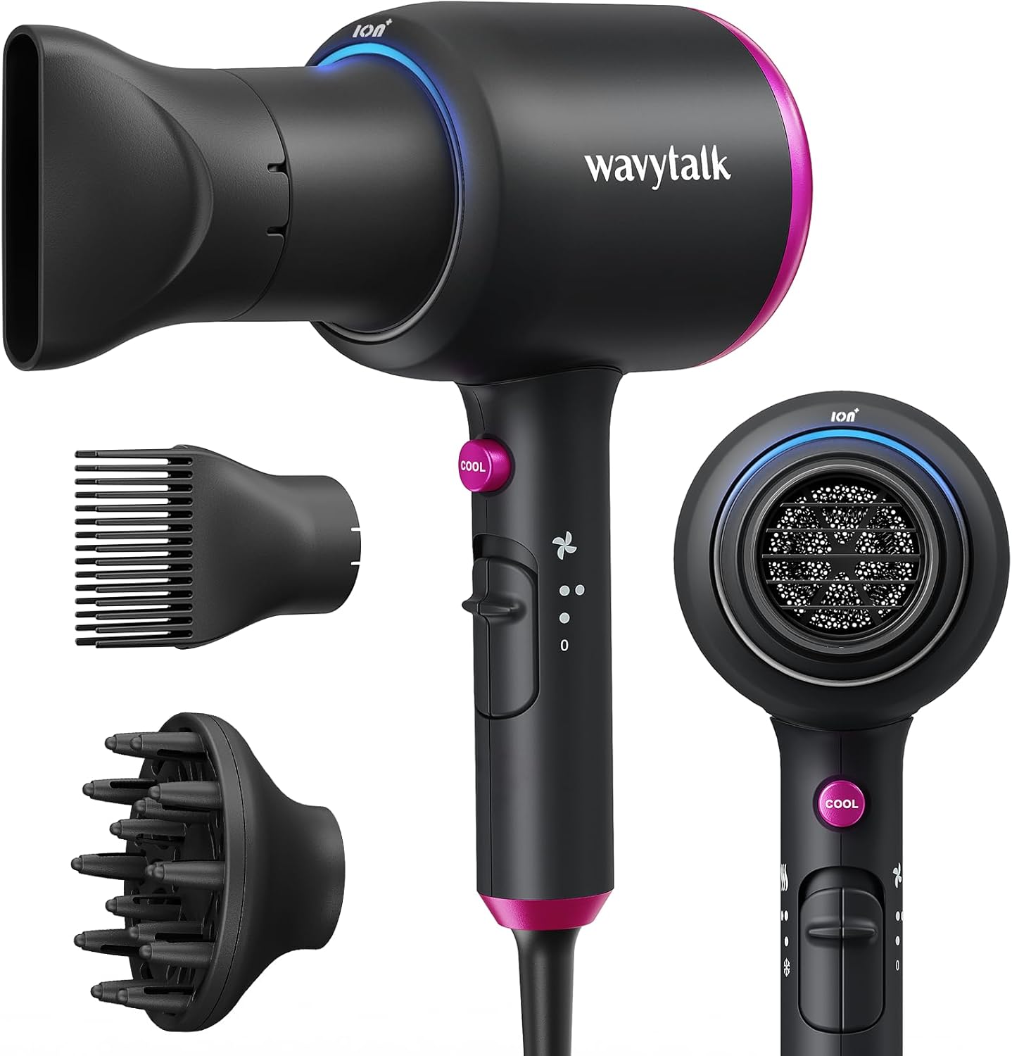 Wavytalk Professional Hair Dryer with Diffuser, 1875W Blow Dryer Ionic Hair Dryer for Women with Constant Temperature, Hair Dryer with Ceramic Technology Fasting Drying Light and Quiet, Black