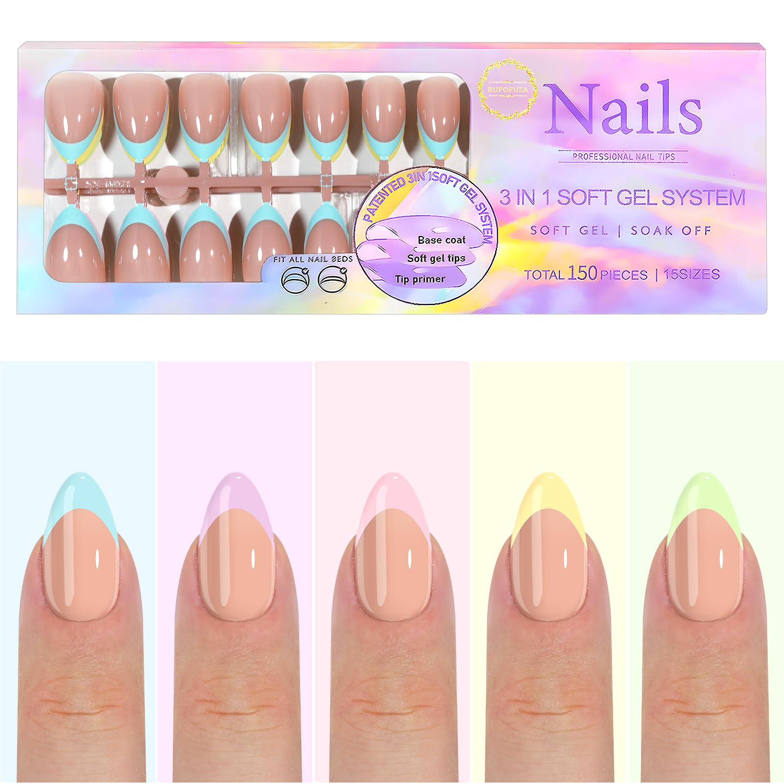 RUPOFUZA French Gel Nails - Colorful French Tip Press on Nails, Almond Press on Nails, Soft Gel Skin Tones Medium False Nails 150pcs -15Sizes