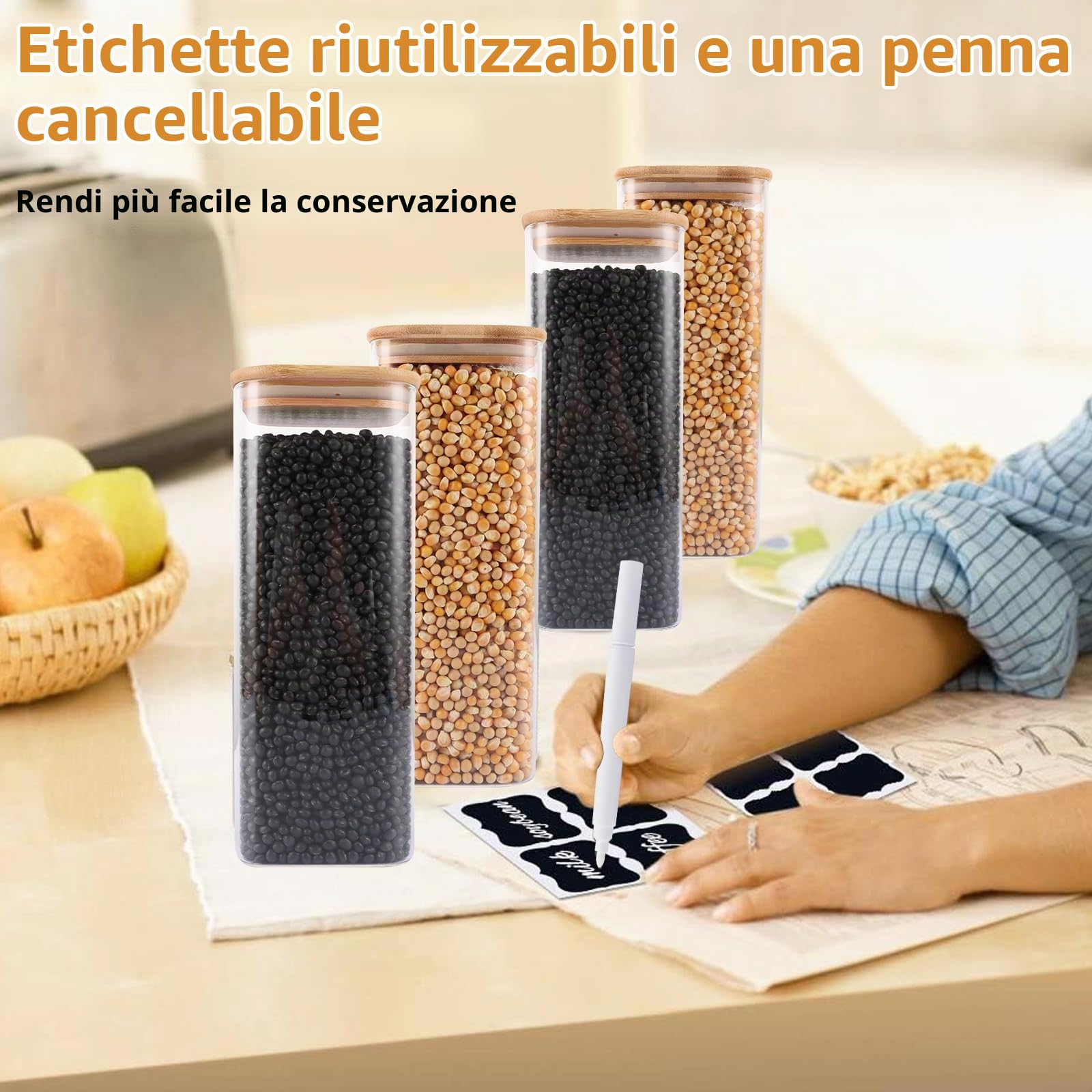 4 barattoli con coperchio, 2 l, in vetro con coperchio, ermetici, rettangolari con coperchio in legno, etichette e penna per pasta Cornflakes Spaghetti chicchi di caffè
