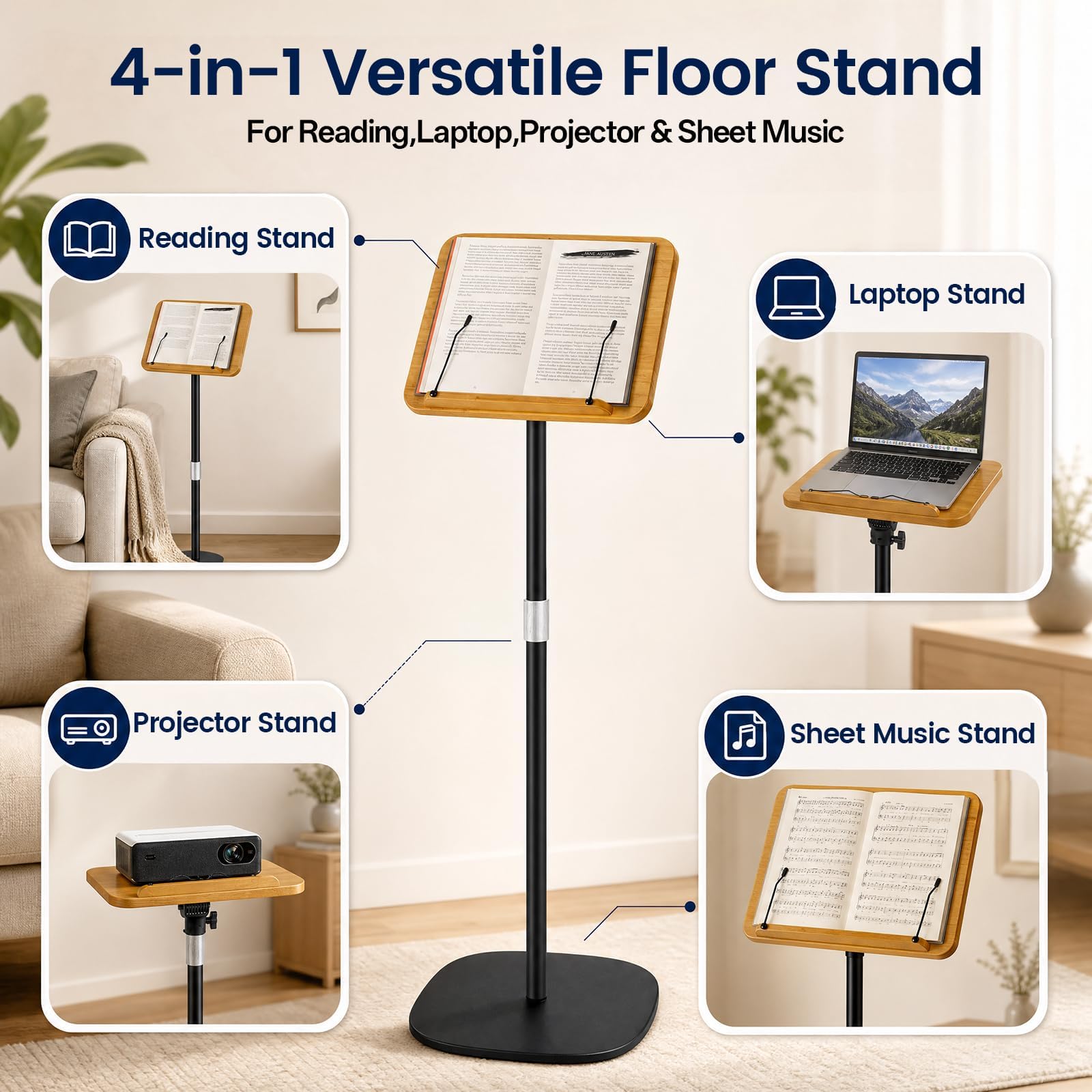 Supporto per libri da pavimento con graffette per pagina, altezza regolabile da 50 a 165 cm, supporto per ricette in legno, supporto per lettura a mani libere, per podio, laptop e proiettori