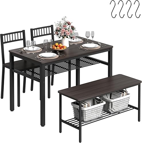 Miniatura 1 de Bigbiglife Juego de mesa de comedor para 4, mesa de cocina con 2 sillas y 1 banco, juego de mesa de comedor con 2 estantes de almacenamiento y 4