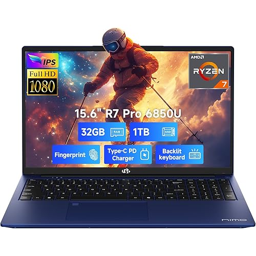 NIMO 15.6" Light-Gaming-Laptop, 8 Cores AMD Ryzen 7 Pro 6850U 32GB LPDDR5 RAM 1TB SSD (Beat i7-1360P Up to 4.7GHz) AMD Radeon 680M GPU IPS FHD Computer with 100W Type-C Backlit Keyboard Fingerprint