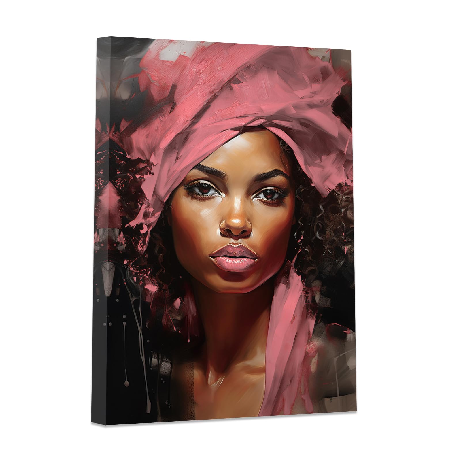 African American Canvas Wall Art Black Women Pink Hair Scarf Pictures Abstract Wall Paintings Black Girl Art Print Framed (12.00" x 18.00", Pink)
