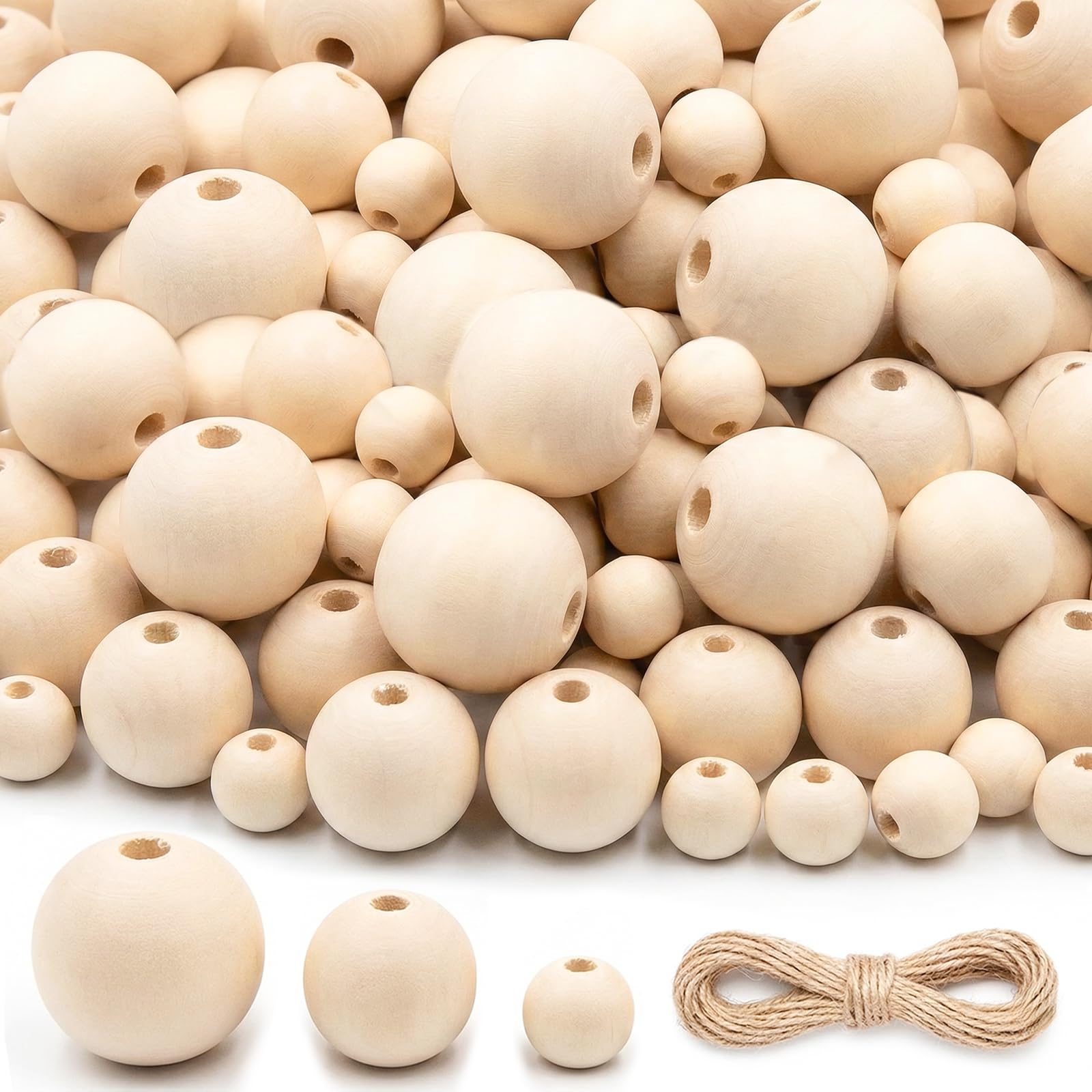 RITOLLO 240pcs Mixed Natural Wooden Beads(10mm, 16mm, 20mm), Unfinished Natural Wooden Balls for Crafts - Round Loose Beads with 4-5mm Hole for DIY Jewellery, Macrame, Painting & Home Decor