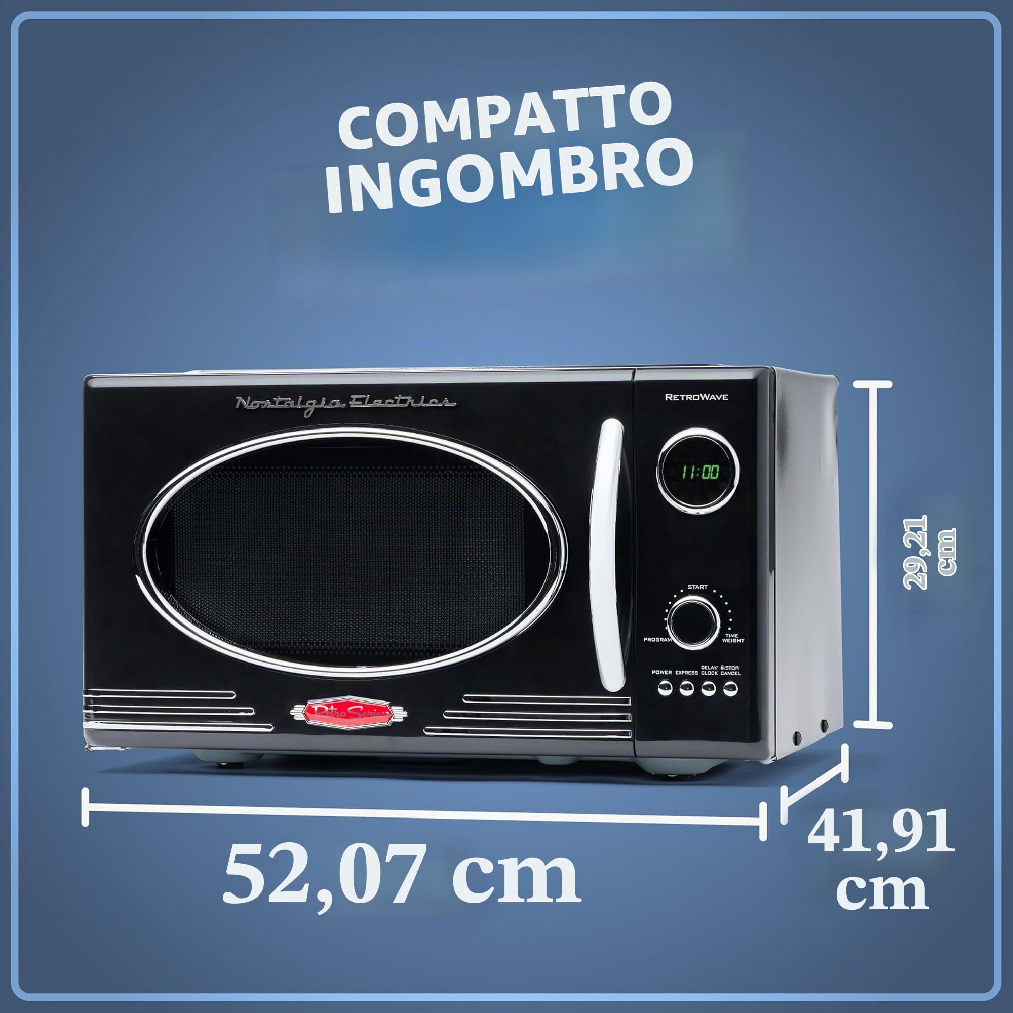 Nostalgia Microonde Retro Banco Potenza 800 Watt 25,4L 12 Impostazioni di Cottura Preimpostate Orologio Digitale Elettrodomestici da Cucina Nero