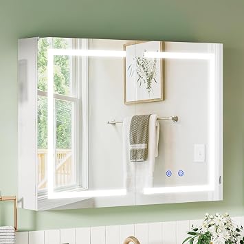 Bathroom Wall-Mounted Mirror Cabinet with Led Lights and Shaver Socket,Upgraded Illuminated LED Bathroom Cabinets with Mirror,Demister Pad, Dimmable, 3 Colour Light, 800mm 600mm