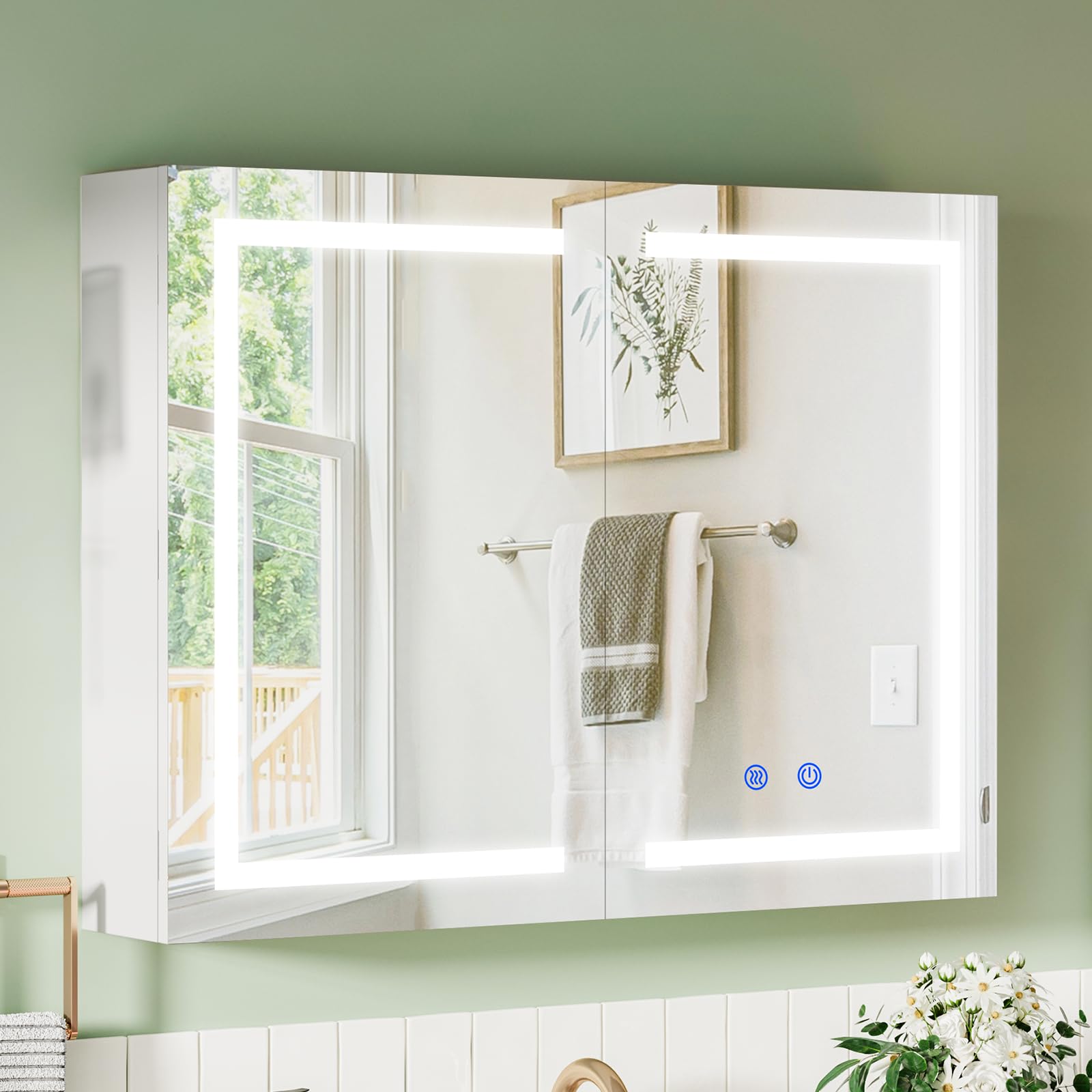 BELIWIN Bathroom Wall-Mounted Mirror Cabinet with Led Lights and Shaver Socket,Upgraded Illuminated LED Bathroom Cabinets with Mirror,Demister Pad, Dimmable, 3 Colour Light, 800mm×600mm — image 1
