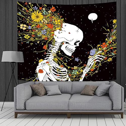 Umootek Tapiz romántico de calavera con flores para dormitorio, colorido gótico, esqueleto floral, tapiz vertical, arte de pared, decoración de