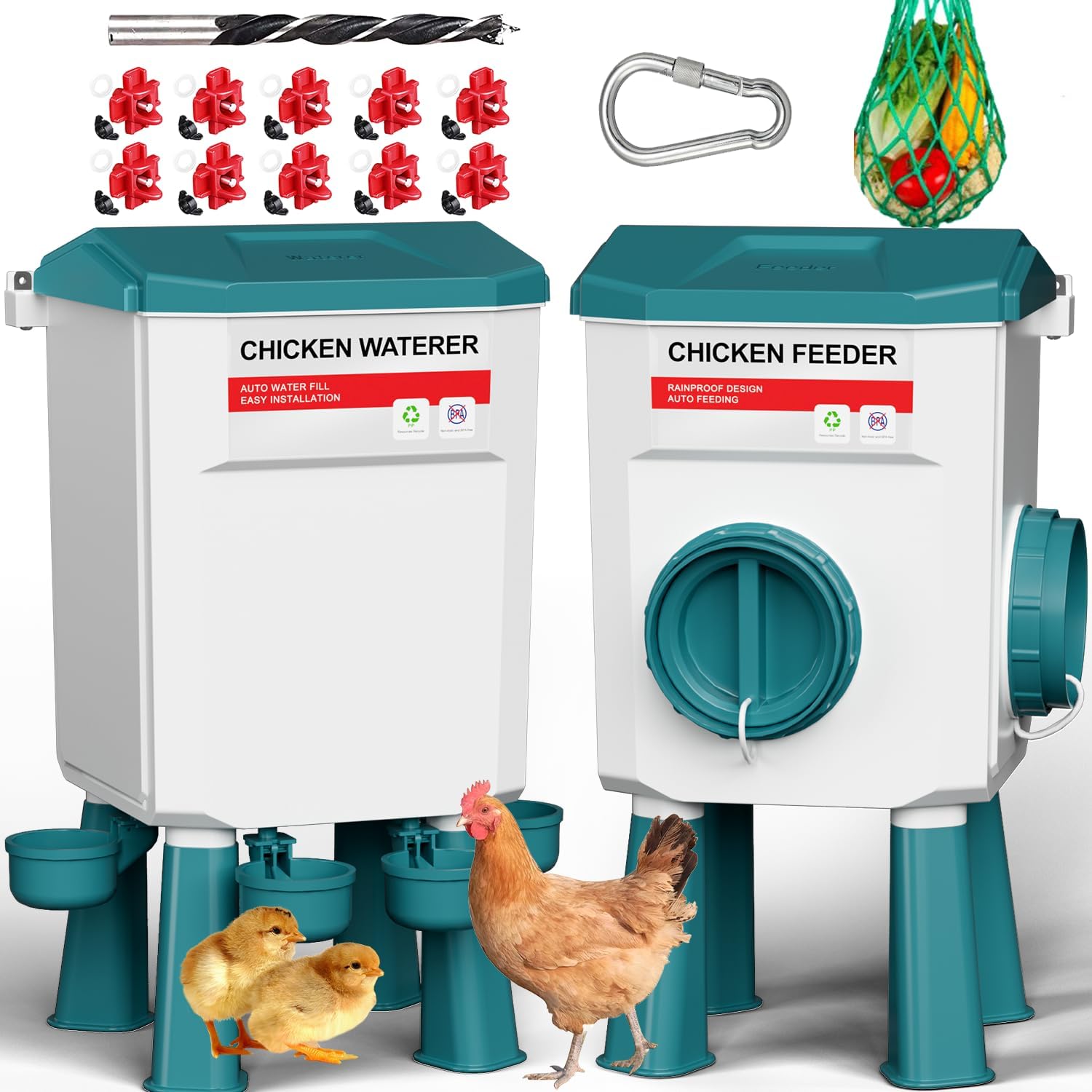 Chicken Feeder and Waterer Set, 3 Gallon/26.5 Pounds, Automatic Chicken Feeders and Chicken Waterer, Detachable for Chick, Duck & Quail Coop Use, Outdoor Farm & Backyard (Upgraded)