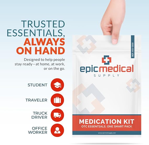 Epic Medical Supply First Aid Kit Medication Refill 28-Count Unit Dose Packets Emergency Medicine Kit Pills for 1st Aid Kit Refills, Travel, Office, Dorm, Camping Assembled in USA